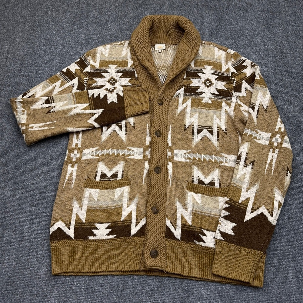 Faherty Doug Good Feather Cardigan Men's Large Brown Mountain Stars Southwestern